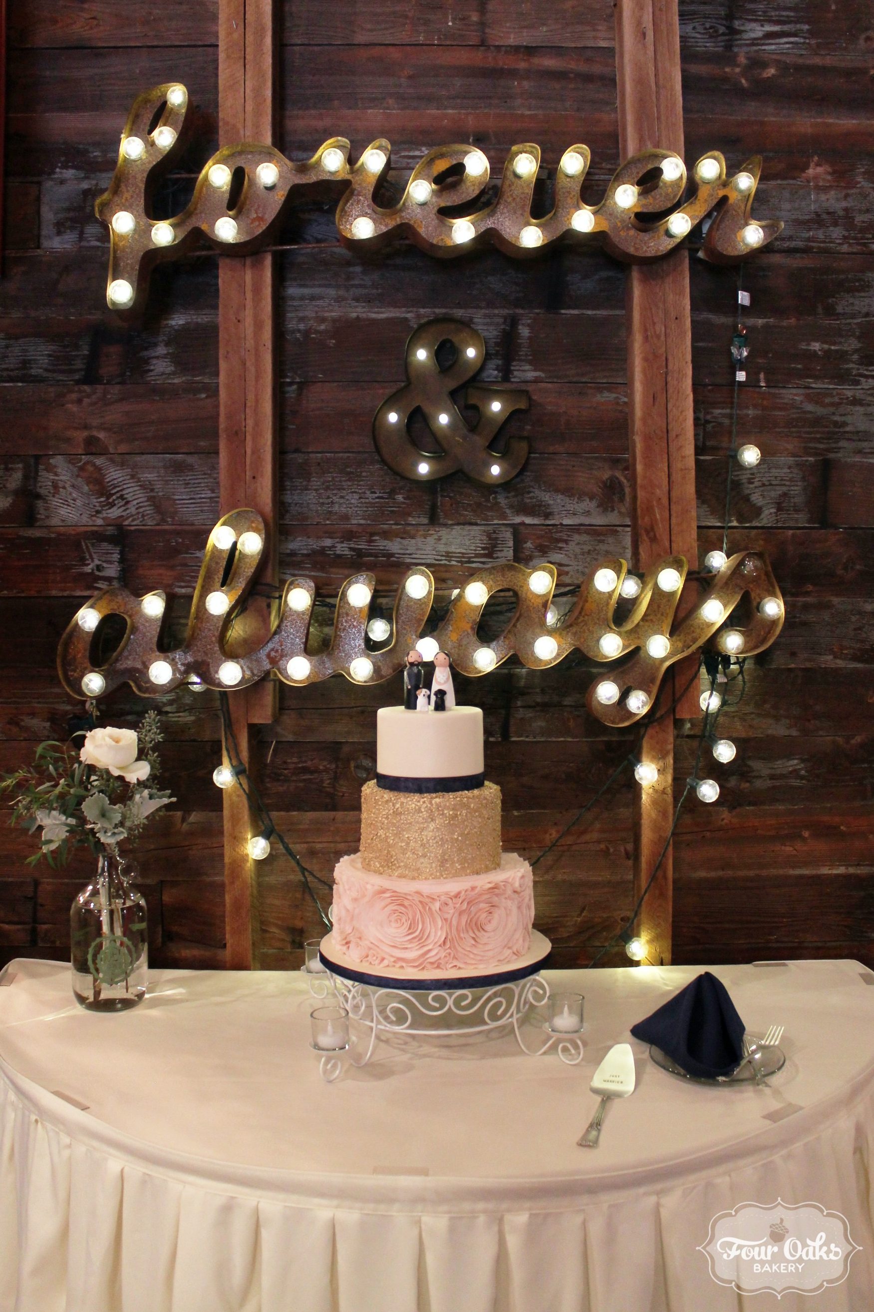 Ashley and Greg's Blush, Ivory, and Gold Wedding Cake at The Barn at
